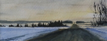 TS 26 Winter Morning Drive, Watercolour, 6.5x2.5 - $110
