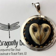 CAB11, Large Barred Owl Cabachon, Cheryl Brown, Lampwork Cabachon bead, Sterling silver findings, $70