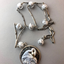 CAB14, Snowy Owl Cabochon Necklace, Cheryl Brown, Lampwork Cabochon Bead, Sterlong cilver and pewter findings, $165