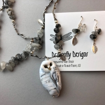 CAB17 & CAB18, Snowy Owl and Agate Necklace $110, Agate Earrings $32, Cheryl Brown, Lampwork Beads, Sterling Silver and Pewter breads, Agate Stones and Silver Findings