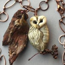 CAB19, Owl and Leaves Necklace, Cheryl Brown, Lampwork Beads, electroformed leaves, base metal chain, $75