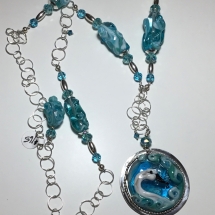 CAB20, Trumpeter Swan Necklace, Cheryl Brown, Lampwork Beads, Crystals, Sterling Silver Findings, $165