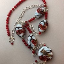 CAB3, Waxwing on Mountain Ash, Cheryl Brown, Lampwork Glass Beads and sterling silver findings, $125