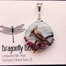 CAB9, Waxwing Pendant, Cheryl Brown, Lampwork bead, Sterling Silver findings, $35