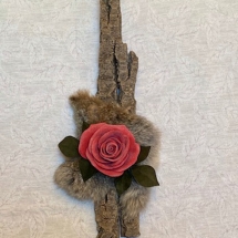 CN-M01, Coral Rose on Bark, Cindy Nychka, Leather and Wood, 24 x 9, $75
