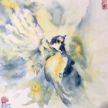 MZM4, Flying Chickadee, Mimi Zhang-Mackie, Watercolor, 8 x 8, $125