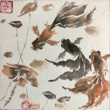 MZM6, Goldfish and Lily Pads 1, Mimi Zhang-Mackie, watercolour on rice paper, 7 x 7, $95