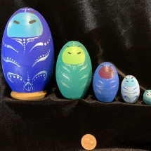 SES-02, FOR MY SISTER, Sasha E. Semach, Acrylic Paint on wood nesting dolls, Largest 12.5 cm x 7.5 cm, Smallest 3 cm tall x 1 cm dia,SOLD