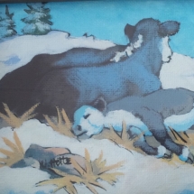 VH18-19, Winter Cow & Calf, Vicki Hotte, Acrylic on Canvas Board, 5 x 7, $90