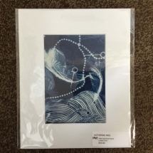 KM09, “Pins and Feathers”, Katherine Moe, Cyanotype Monoprint, 8”x8”, $35
