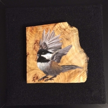 LQ04, “Chickadee”, Lori Quesnel, Acrylic on Burl, 6”x6”, $75