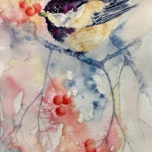 MZM2, “Chickadee and Winterberry”, Mimi Zhang-Mackie, Watercolour, 6”x12”, $195