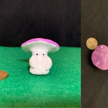 SES-06, Mushroom Maniac Bright Plum cap with pink stripes, Sasha E. Semach, Polymer Clay &amp; Acrylic Paints, 3 cm x 3.5 cm, $20